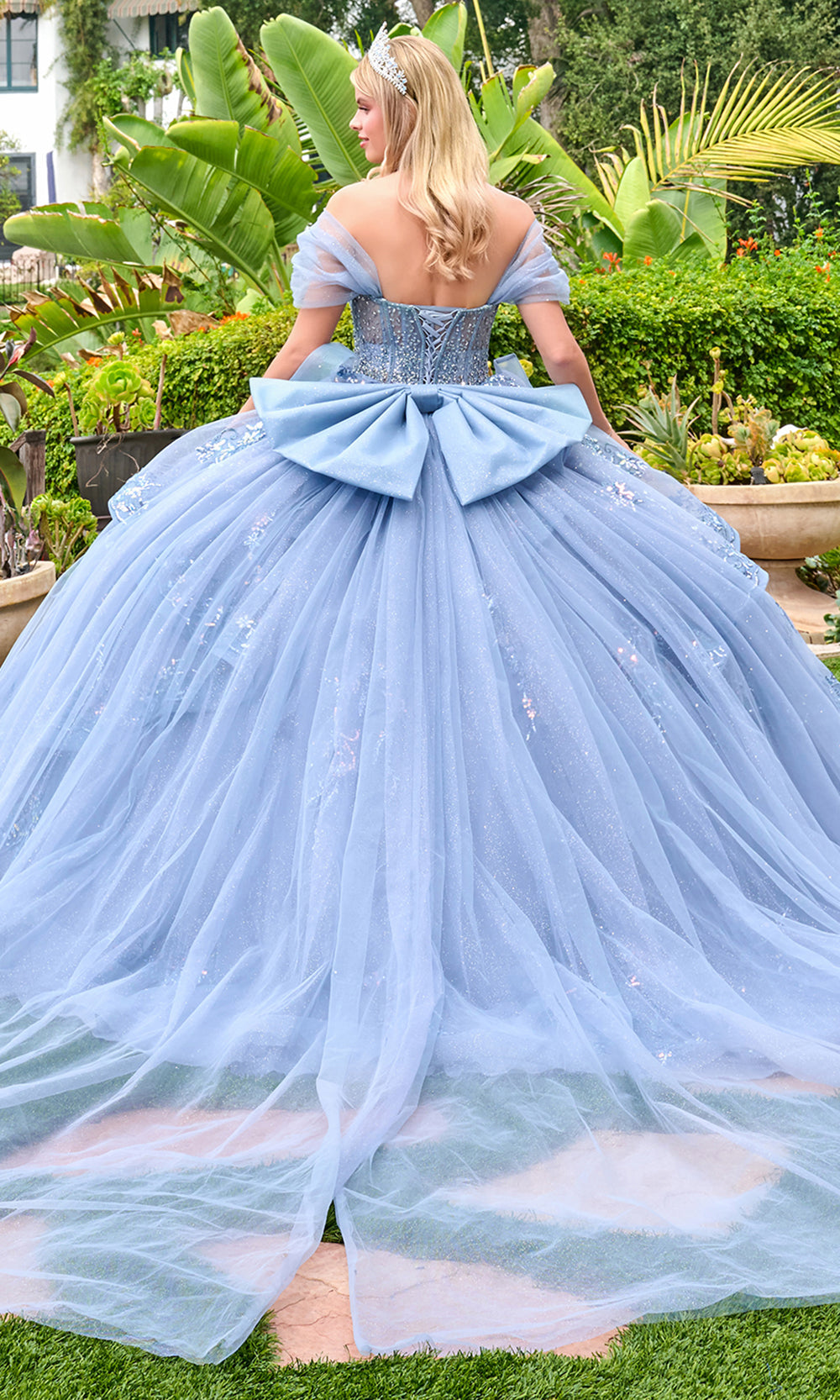 Elizabeth K GL3727 - Sweetheart Neck Layered Gown with Detachable Bow Quinceanera Dresses in Blue