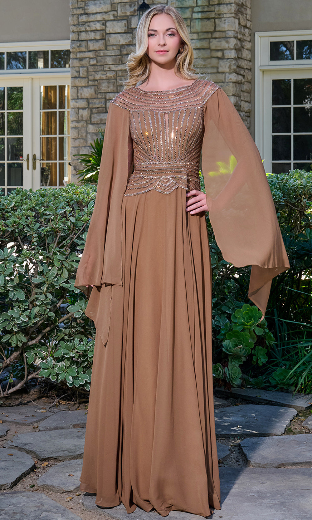 GLS by Gloria GL3736 - Chiffon Cape Sleeve Embellished Gown Mother of the Bride Dresses in Brown