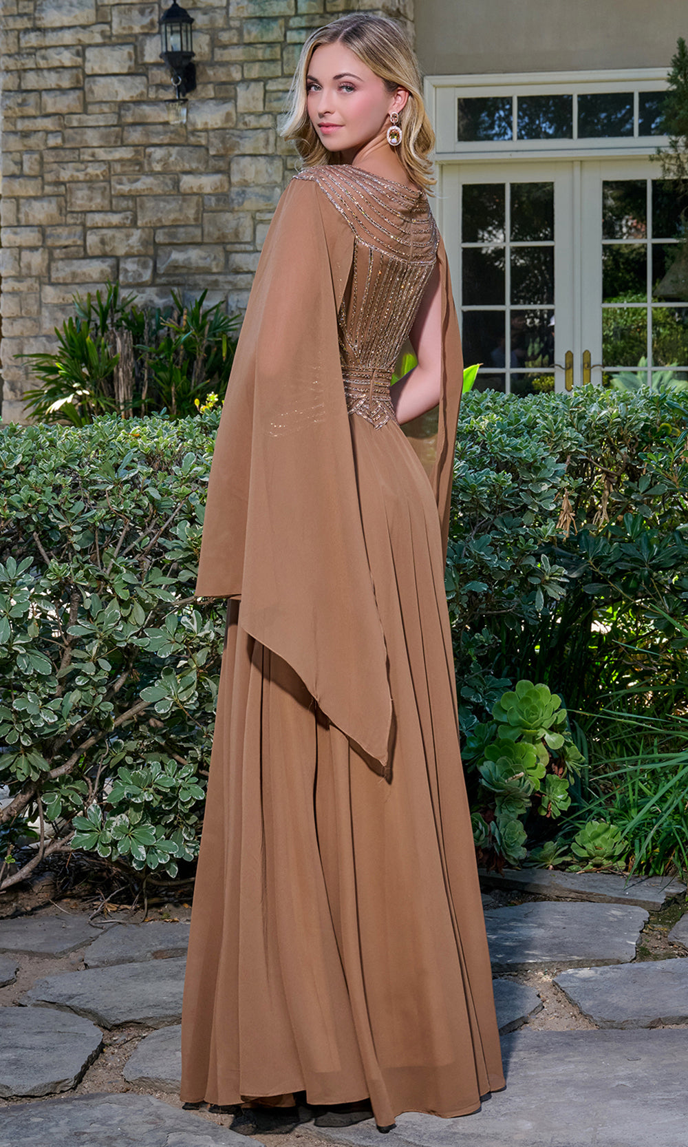 GLS by Gloria GL3736 - Chiffon Cape Sleeve Embellished Gown Mother of the Bride Dresses in Brown