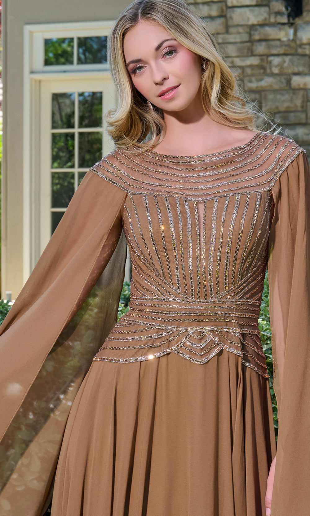 GLS by Gloria GL3736 - Chiffon Cape Sleeve Embellished Gown Mother of the Bride Dresses in Brown