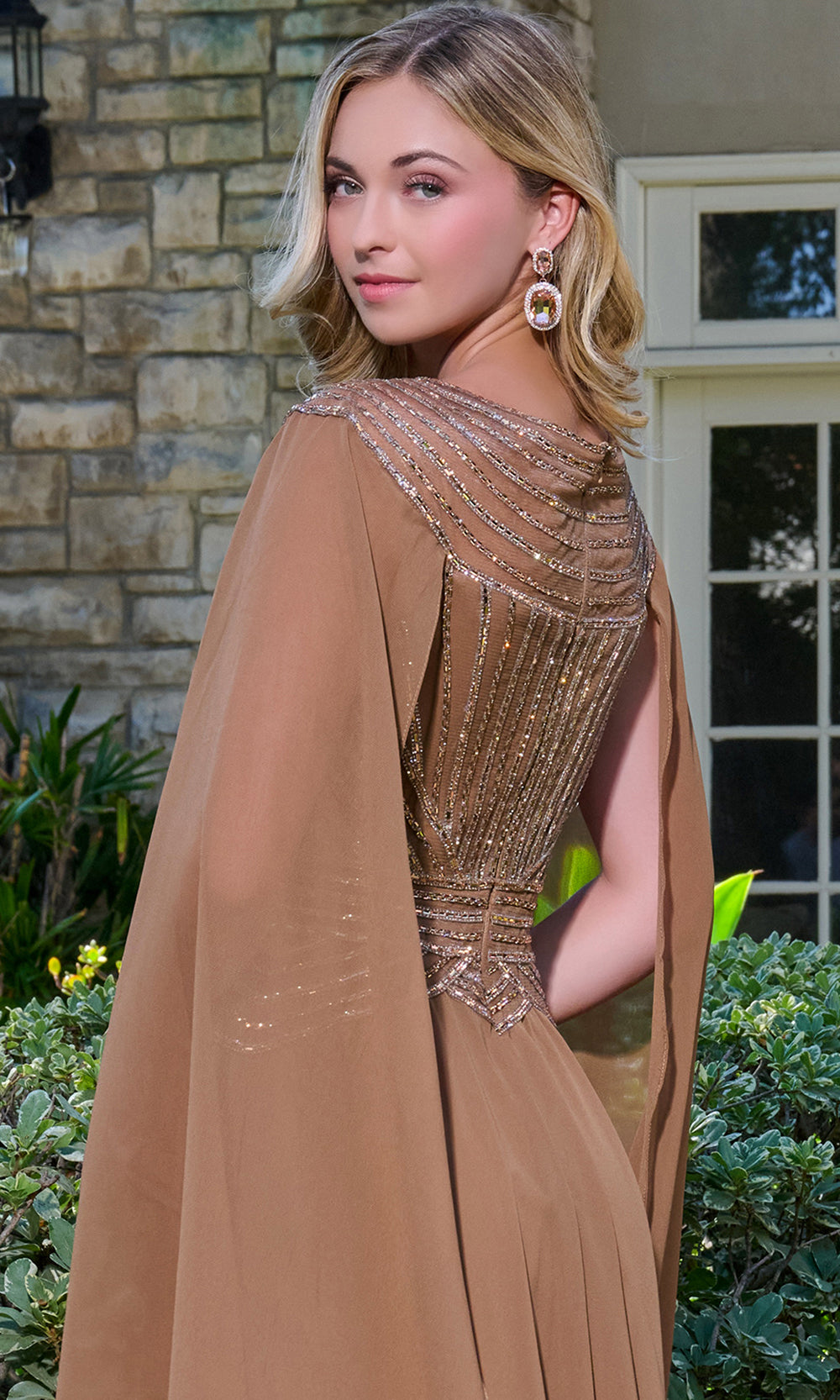 GLS by Gloria GL3736 - Chiffon Cape Sleeve Embellished Gown Mother of the Bride Dresses in Brown