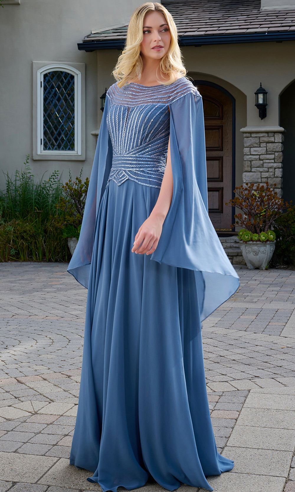 GLS by Gloria GL3736 - Chiffon Cape Sleeve Embellished Gown Mother of the Bride Dresses in Blue