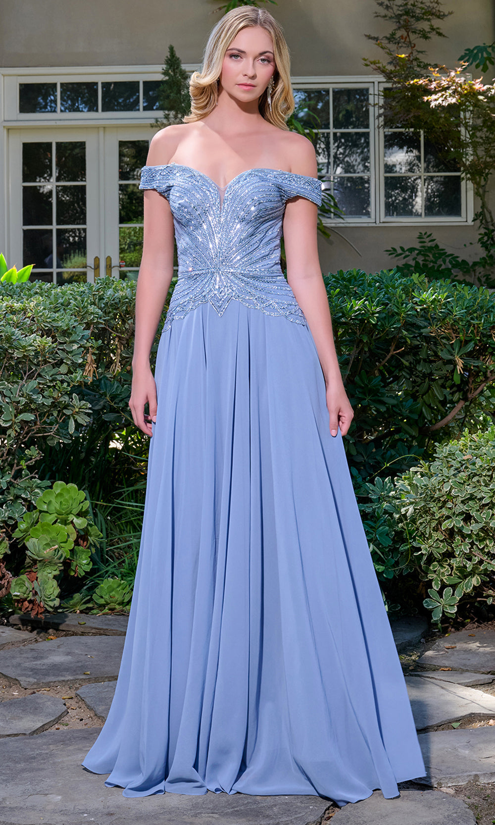 GLS by Gloria GL3738 - Bejeweled Bodice Off Shoulder Chiffon Gown Mother of the Bride Dresses in Blue