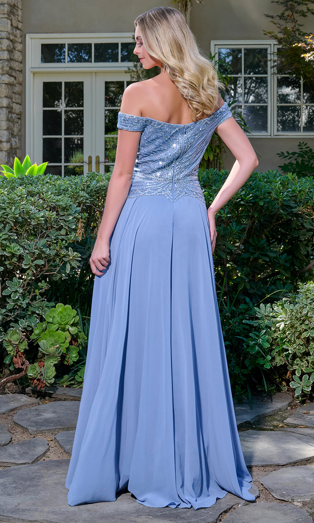 GLS by Gloria GL3738 - Bejeweled Bodice Off Shoulder Chiffon Gown Mother of the Bride Dresses in Blue