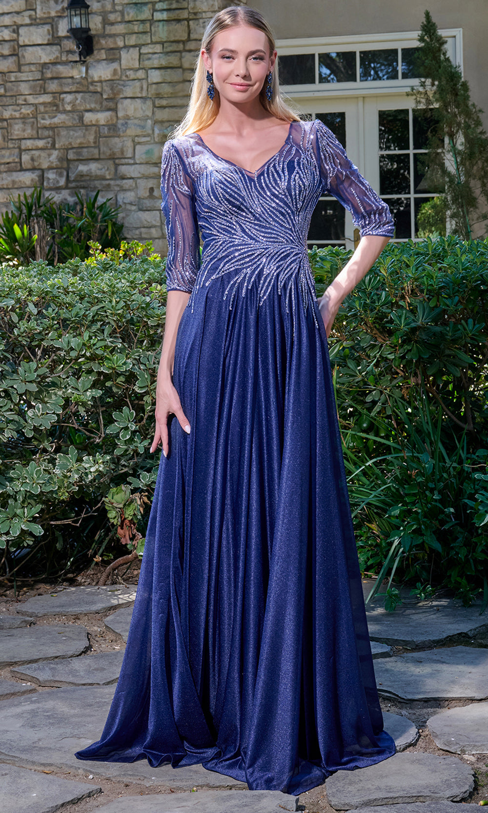 GLS by Gloria GL3739 - Illusion Sleeve Embellished Formal Gown Mother of the Bride Dresses in Blue