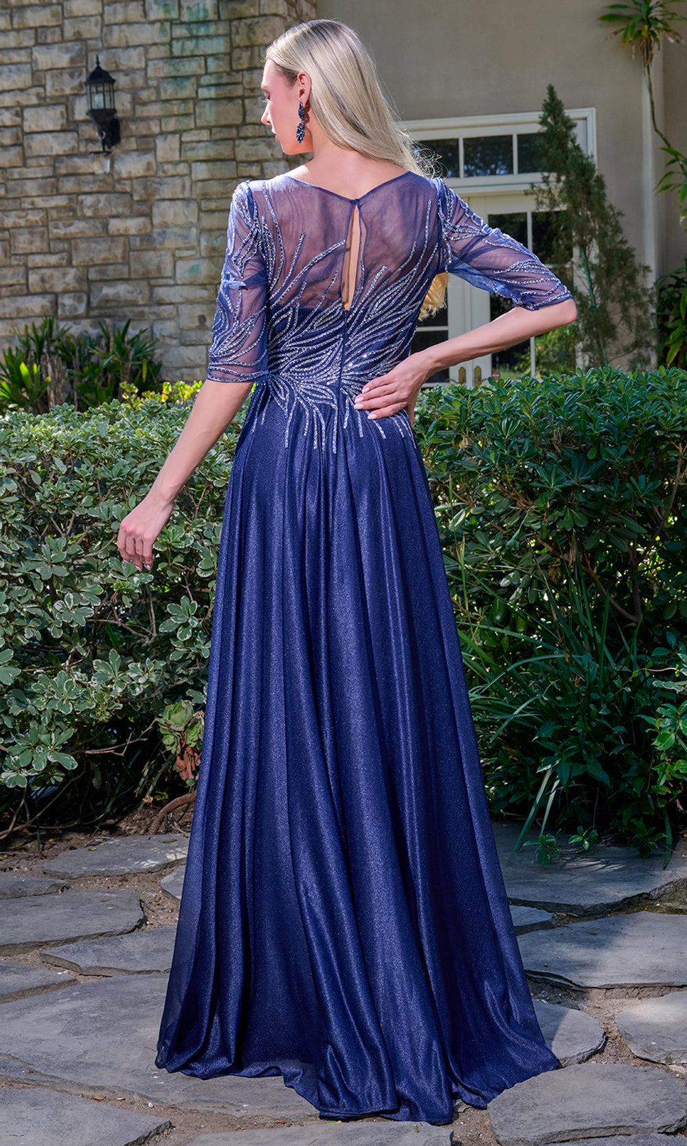 GLS by Gloria GL3739 - Illusion Sleeve Embellished Formal Gown Mother of the Bride Dresses in Blue