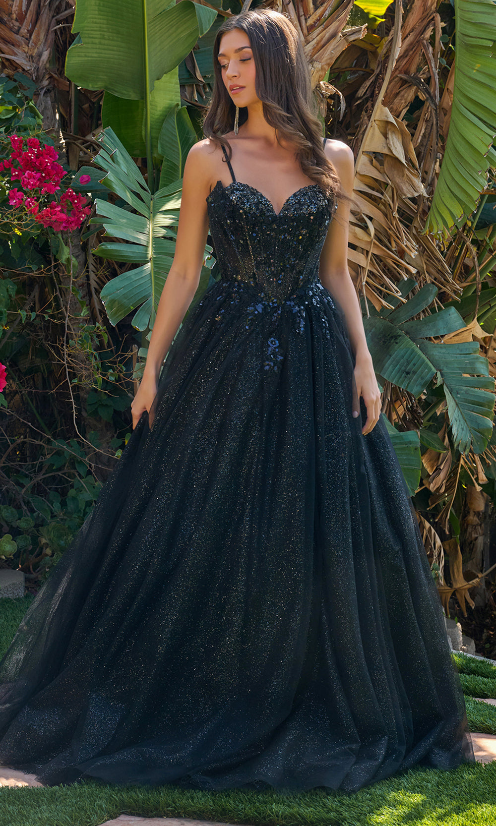 Elizabeth K GL3750 - Floral Beaded Sleeveless Layered Gown Prom Dresses in Black