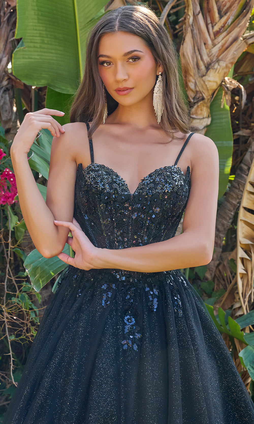 Elizabeth K GL3750 - Floral Beaded Sleeveless Layered Gown Prom Dresses in Black