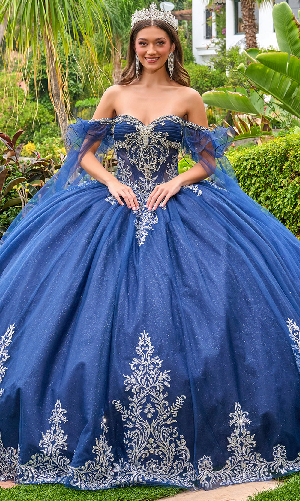 Elizabeth K GL3752 - Off Shoulder Pleated Bust Beaded Ballgown Quinceanera Dresses in Blue