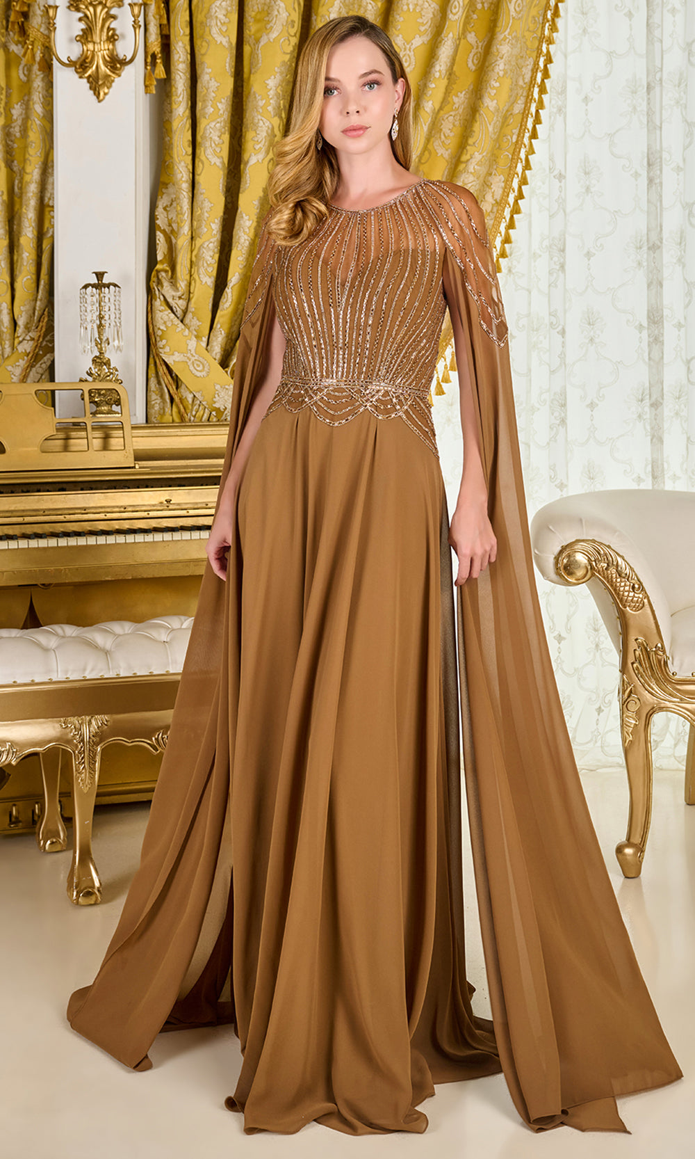 GLS by Gloria GL3785 - Jeweled Cape Sleeve Formal Gown Mother of the Bride Dresses in Brown