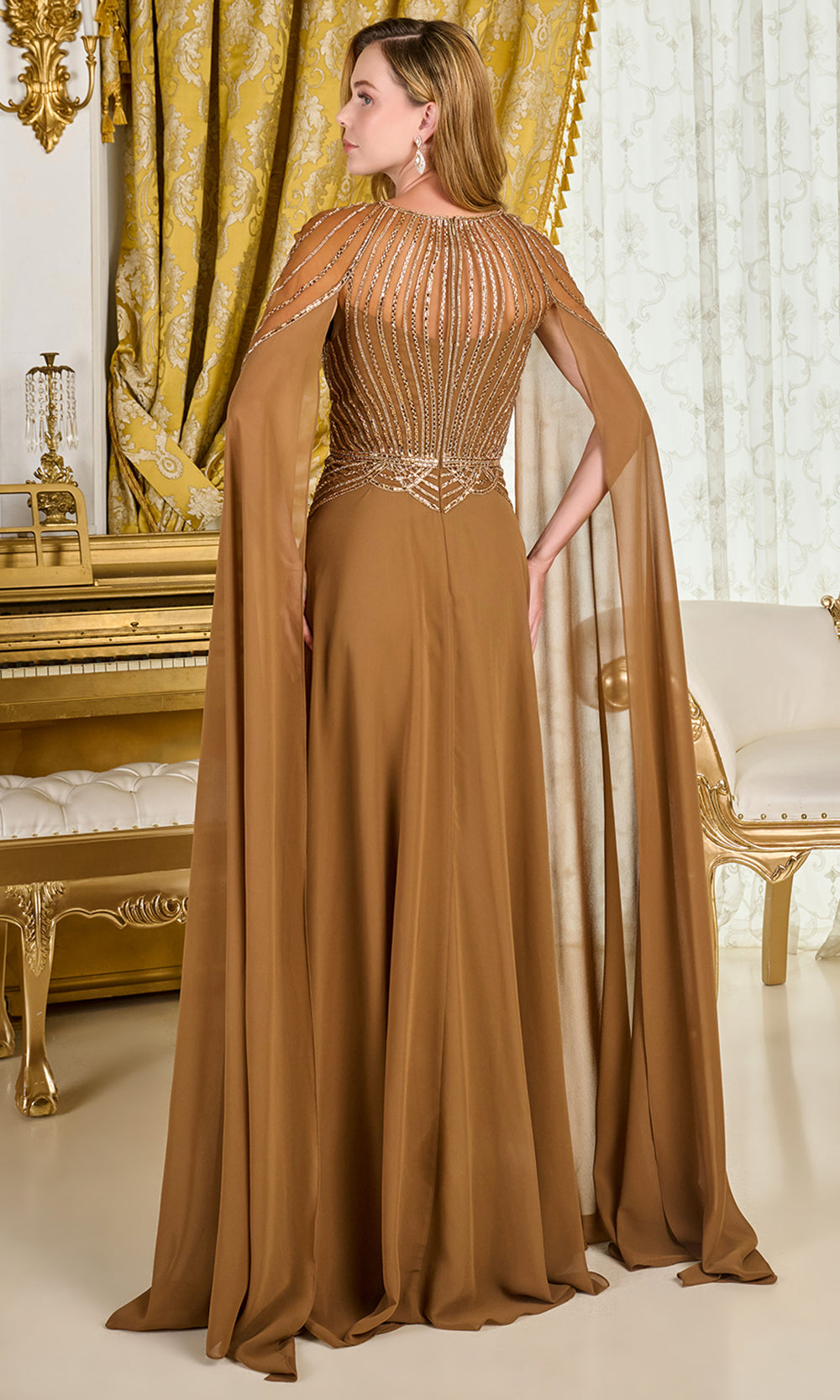 GLS by Gloria GL3785 - Jeweled Cape Sleeve Formal Gown Mother of the Bride Dresses in Brown