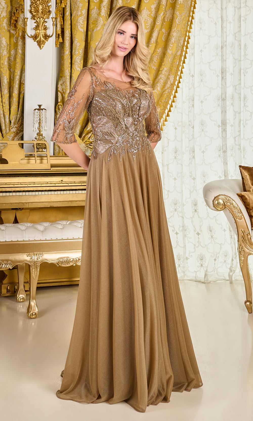 GLS by Gloria GL3786 - Formal Beaded Bodice A-Line Gown Mother of the Bride Dresses in Brown