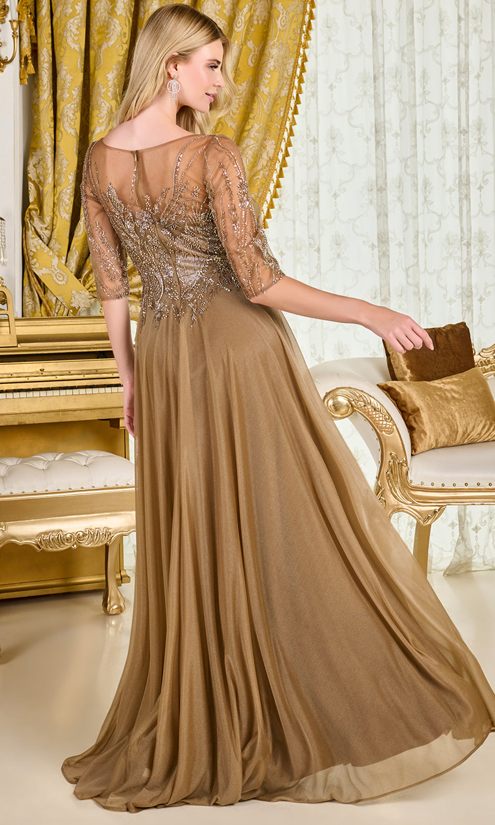 GLS by Gloria GL3786 - Formal Beaded Bodice A-Line Gown Mother of the Bride Dresses in Brown