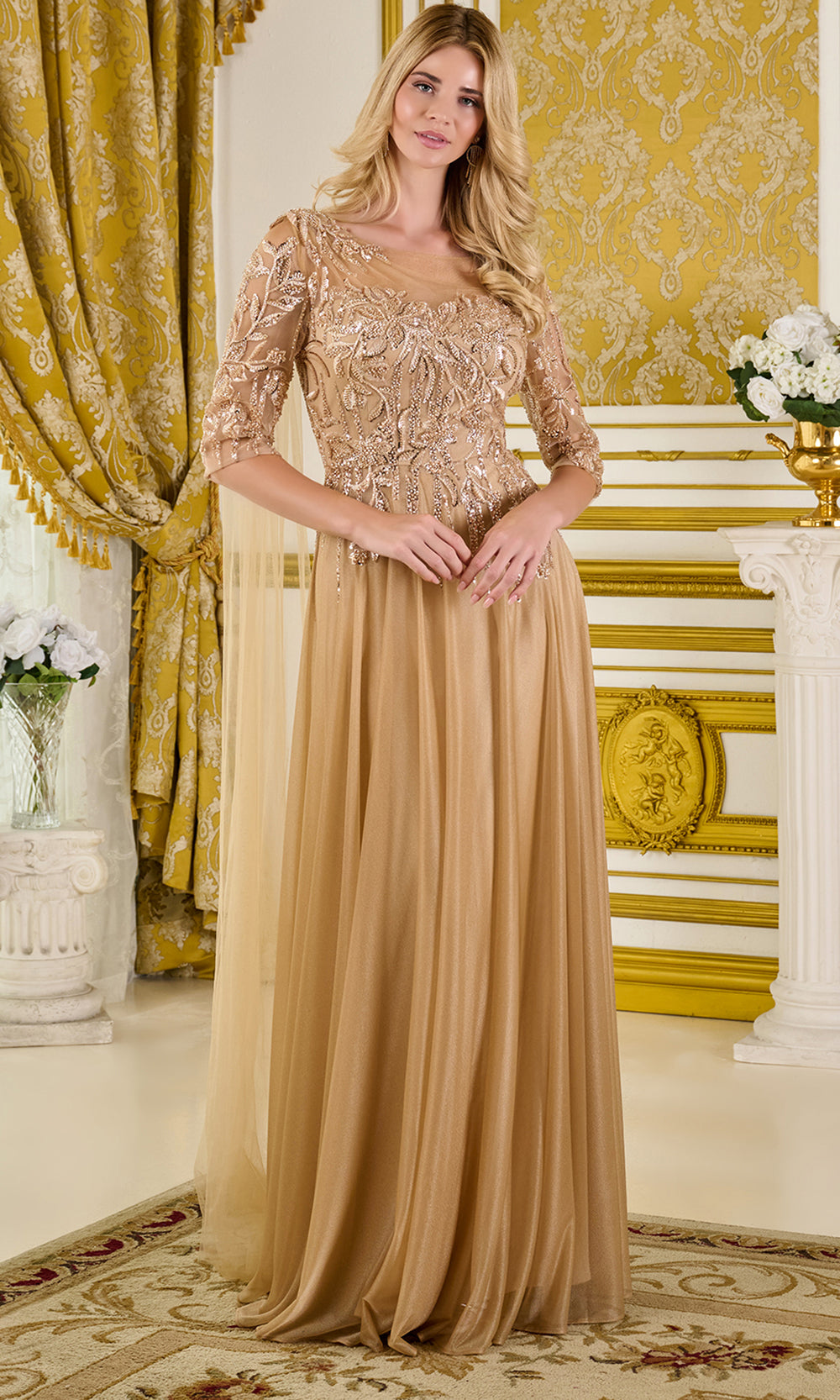 GLS by Gloria GL3788 - Bateau Neck Beaded Mesh Gown Mother of the Bride Dresses in Neutral