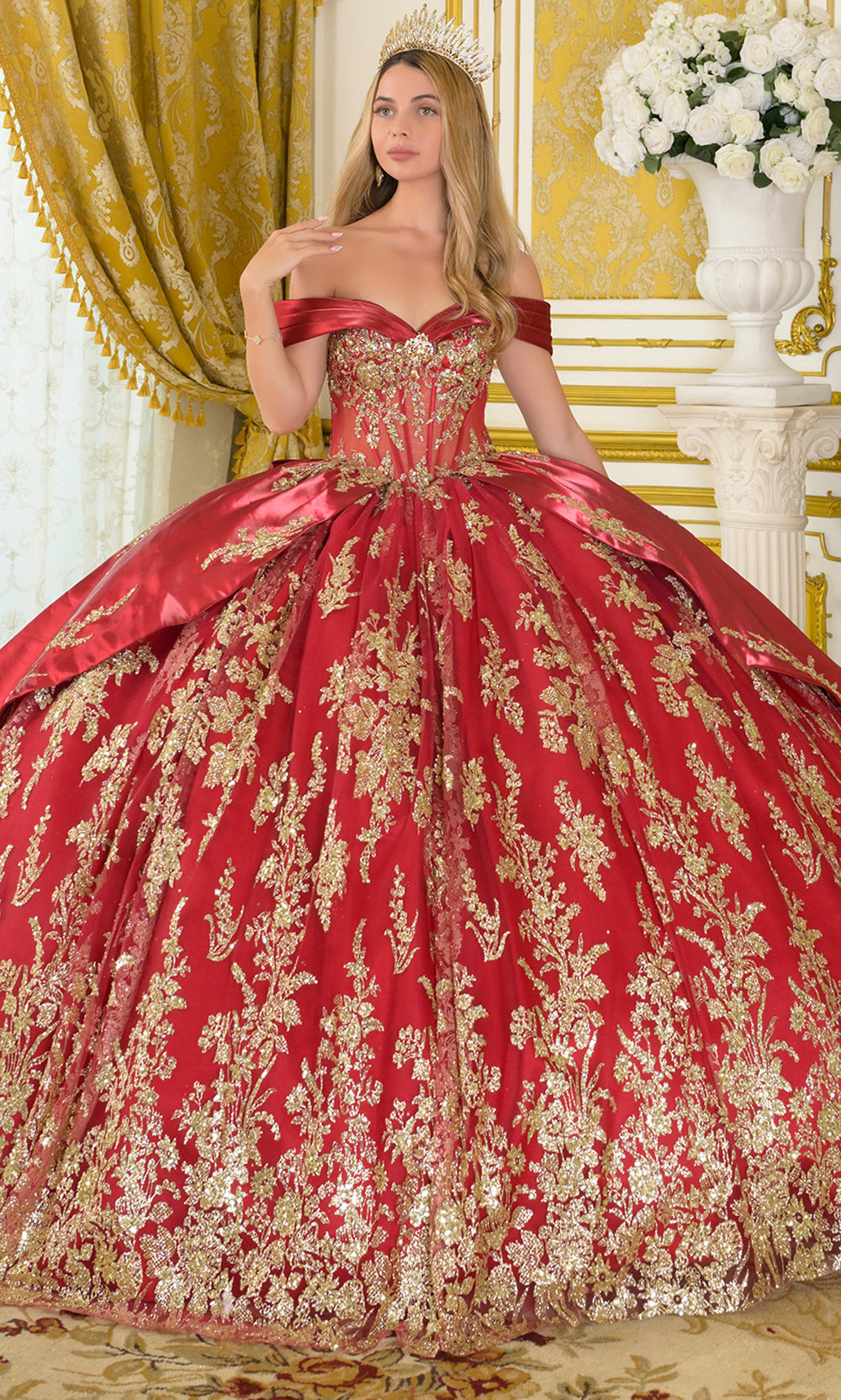 Elizabeth K GL3791 - Off Shoulder Lace-Up Back Quinceanera Gown Quinceanera Dresses in Red
