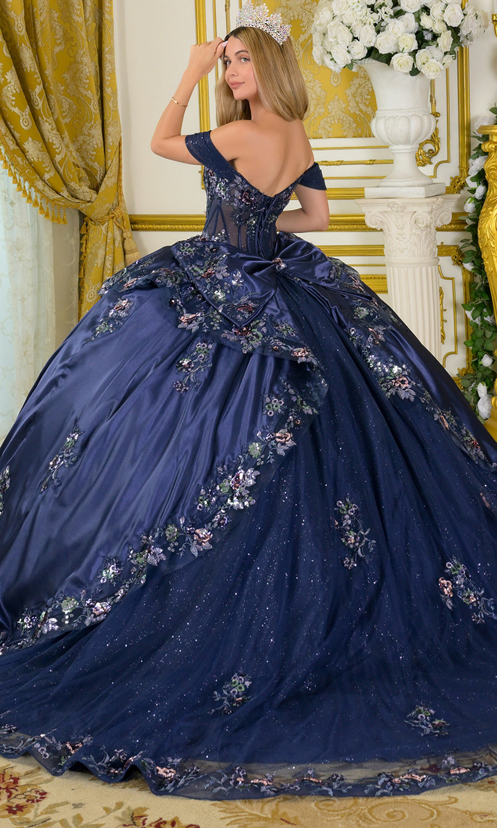 Elizabeth K GL3793 - Floral Sequin Plunging Neck Quinceanera Gown Quinceanera Dresses in Blue