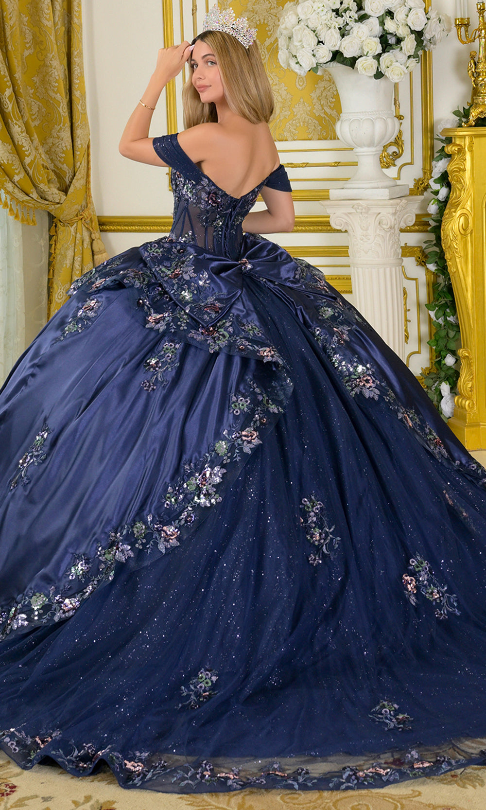 Elizabeth K GL3793 - Floral Sequin Plunging Neck Quinceanera Gown Quinceanera Dresses in Blue