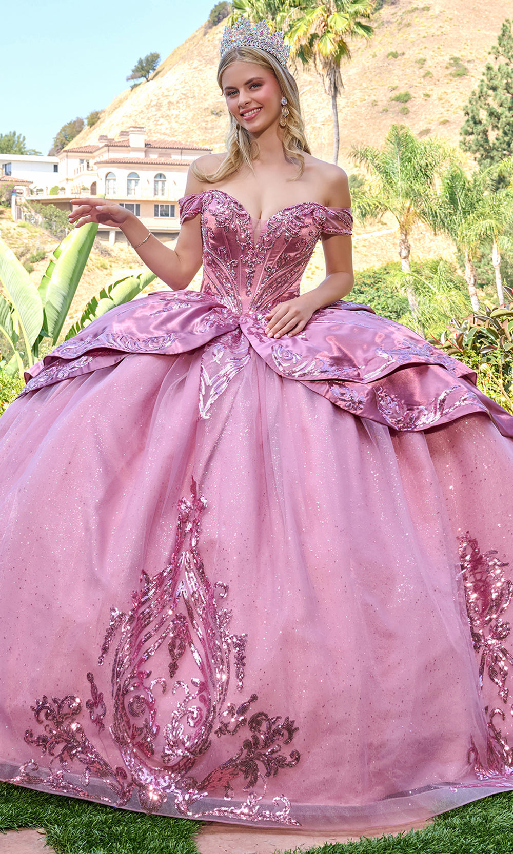 Elizabeth K GL3794 - Layered Overskirt Sequin Embellished Ballgown Quinceanera Dresses in Pink