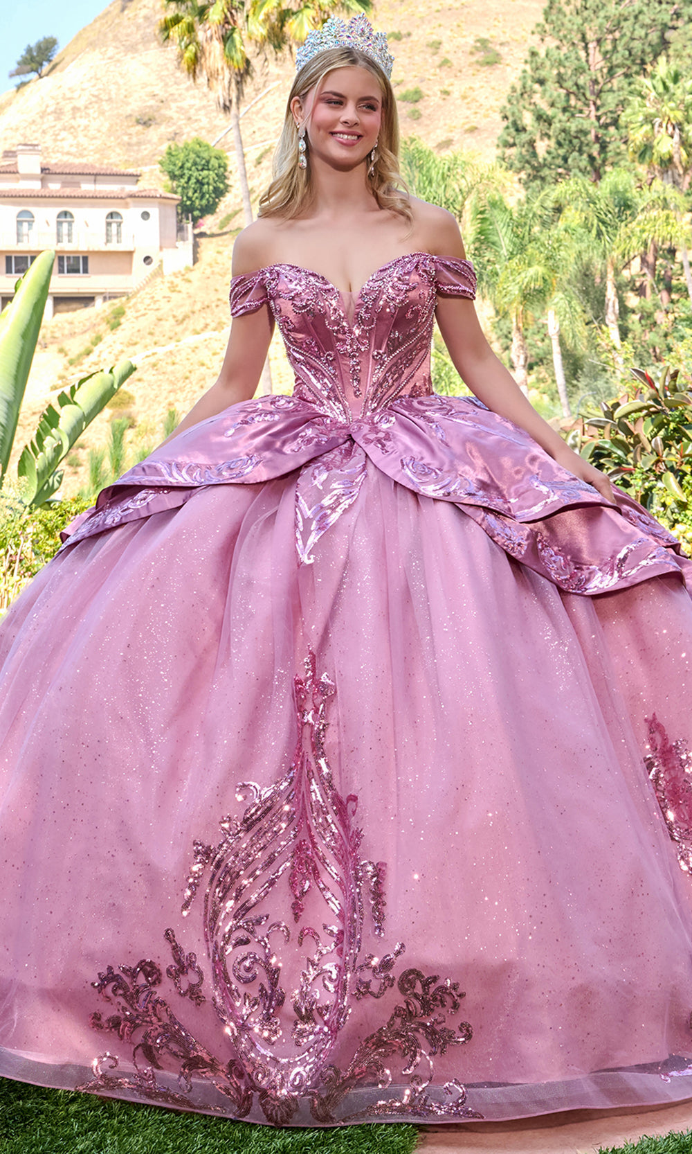 Elizabeth K GL3794 - Layered Overskirt Sequin Embellished Ballgown Quinceanera Dresses in Pink
