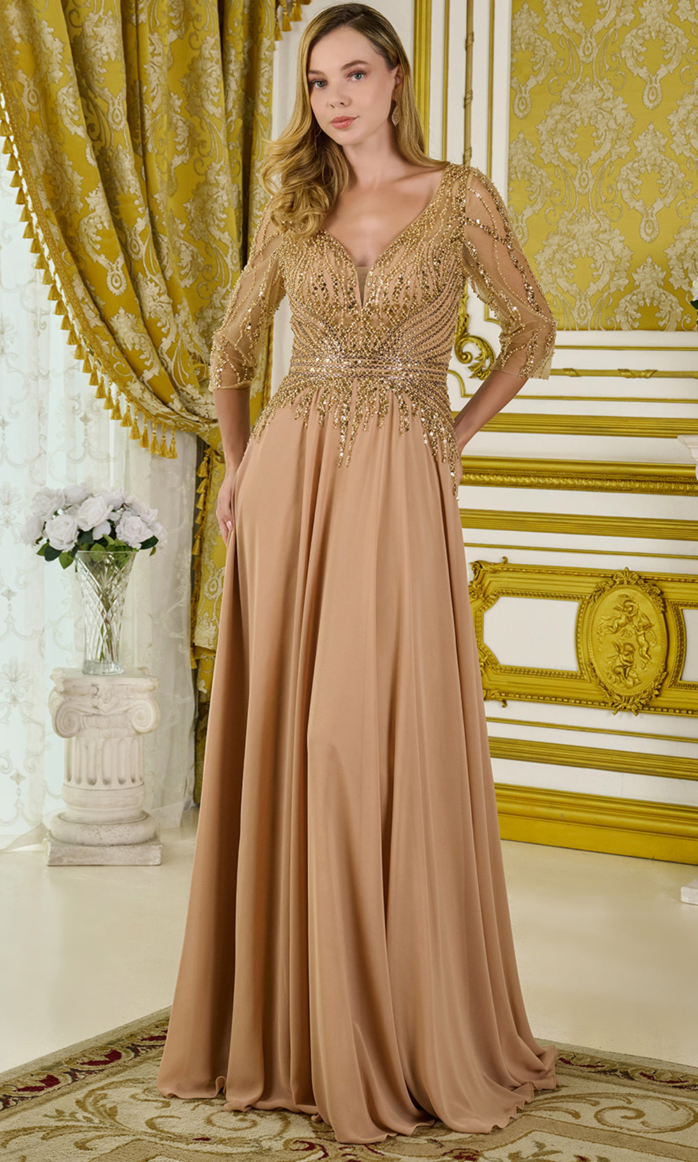 GLS by Gloria GL3796 - Beaded Bodice Chiffon A-Line Gown Mother of the Bride Dresses in Gold