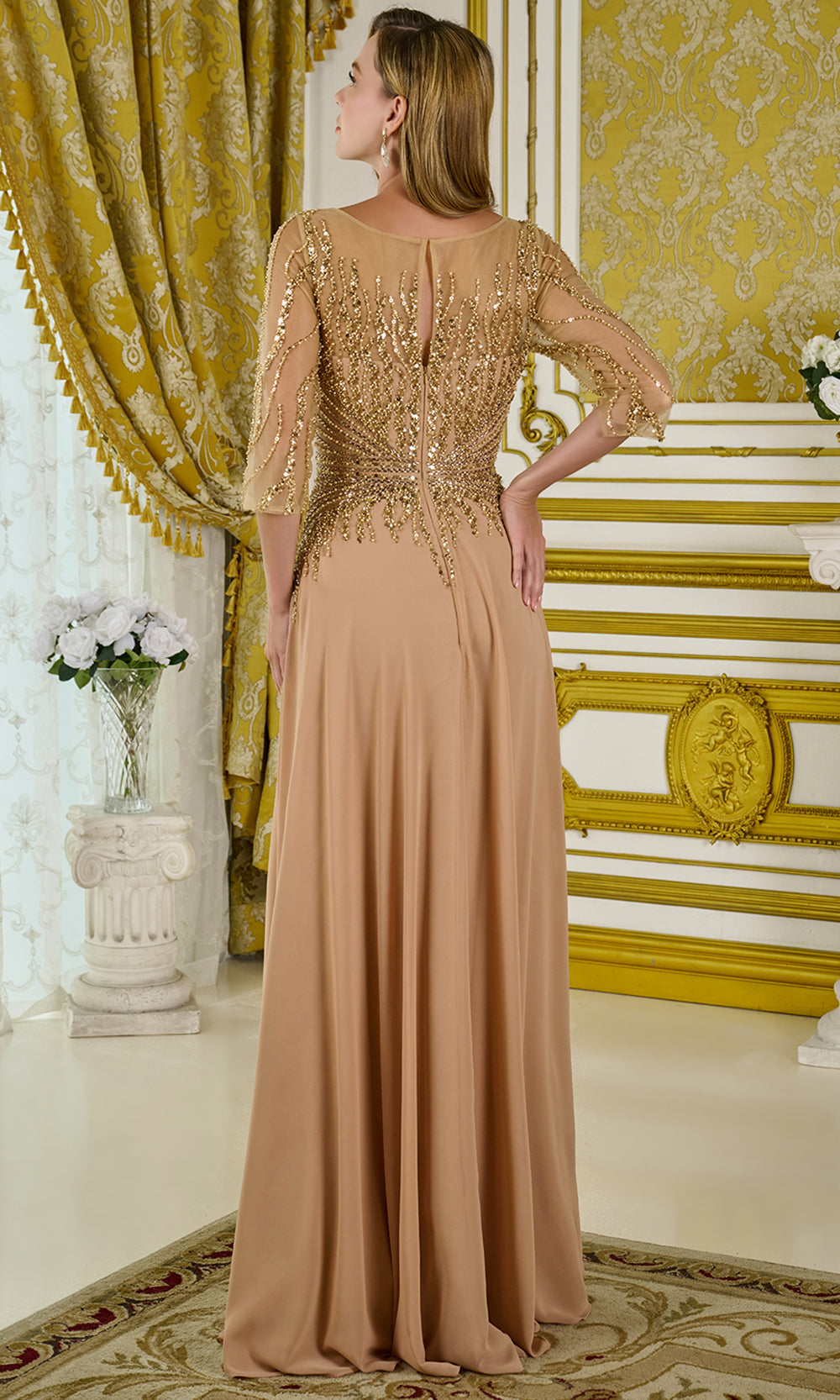 GLS by Gloria GL3796 - Beaded Bodice Chiffon A-Line Gown Mother of the Bride Dresses in Gold