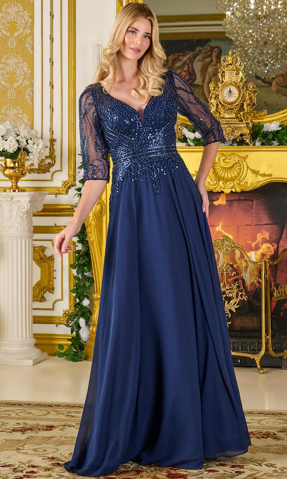 GLS by Gloria GL3796 - Beaded Bodice Chiffon A-Line Gown Mother of the Bride Dresses in Blue