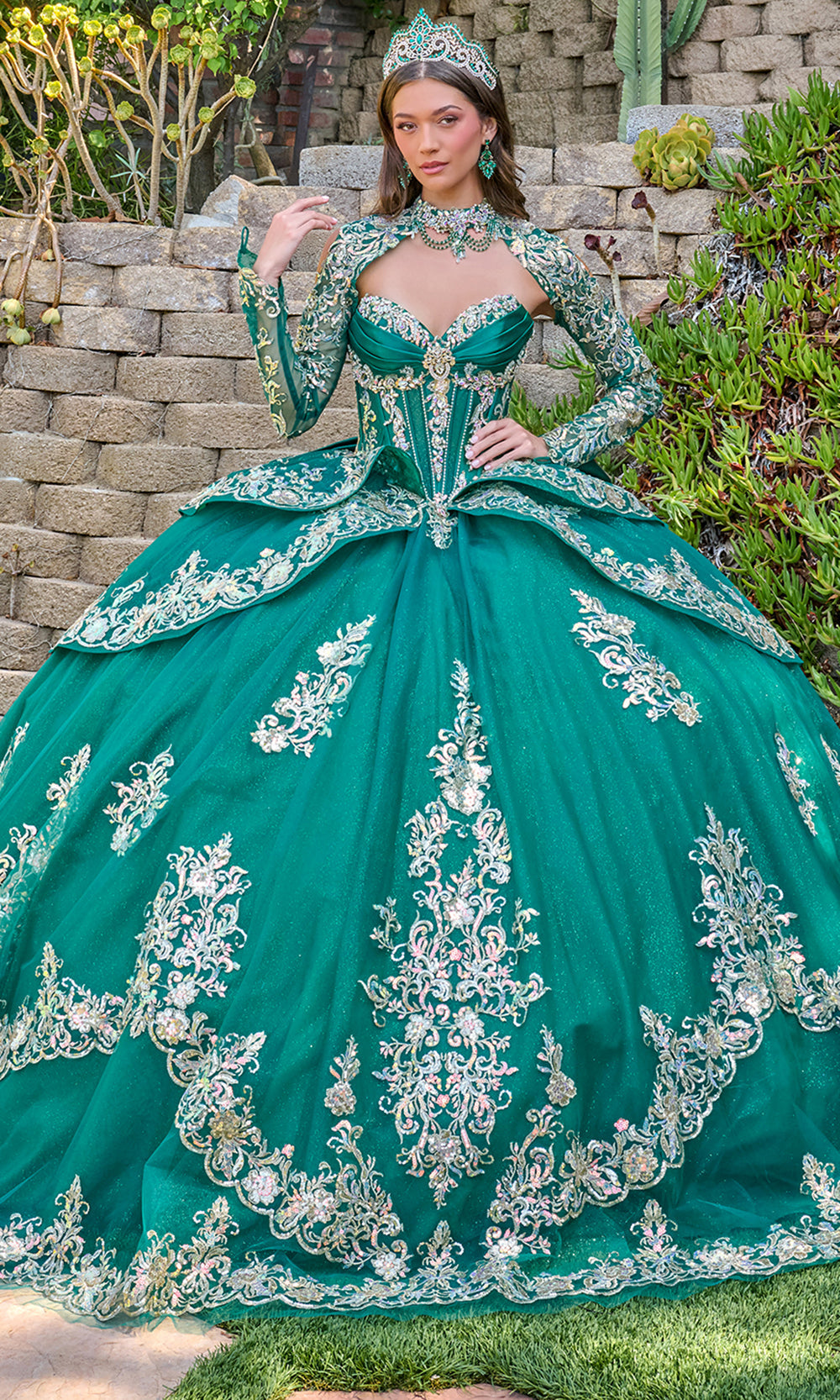 Elizabeth K GL3800 - Embroidered Satin Ballgown with Long Sleeve Bolero Quinceanera Dresses in Green