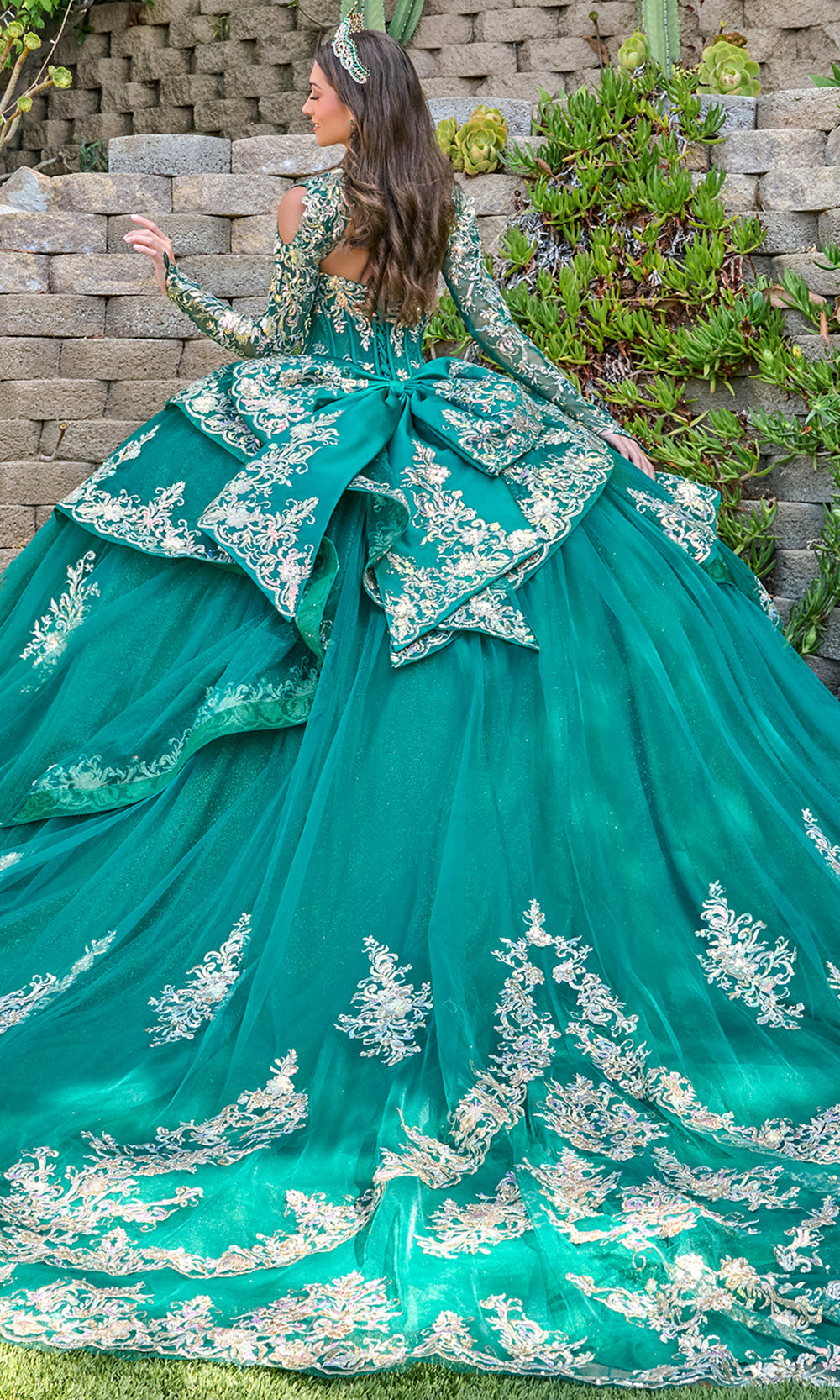 Elizabeth K GL3800 - Embroidered Satin Ballgown with Long Sleeve Bolero Quinceanera Dresses in Green