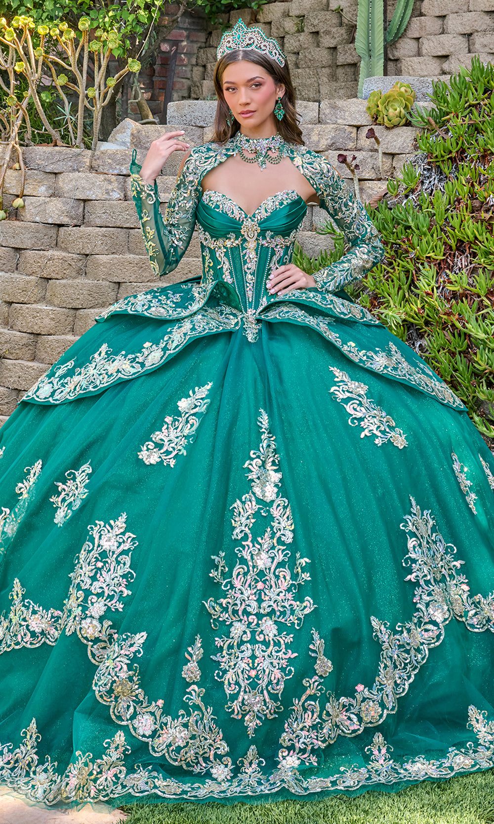 Elizabeth K GL3800 - Embroidered Satin Ballgown with Long Sleeve Bolero Quinceanera Dresses in Green