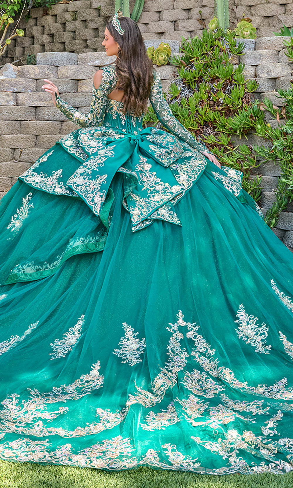 Elizabeth K GL3800 - Embroidered Satin Ballgown with Long Sleeve Bolero Quinceanera Dresses in Green