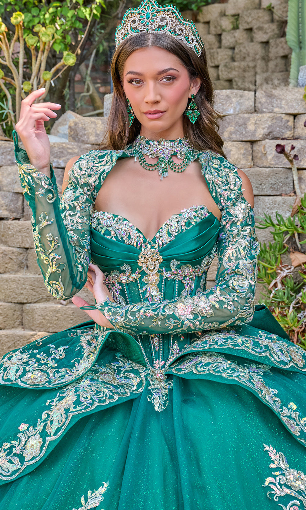 Elizabeth K GL3800 - Embroidered Satin Ballgown with Long Sleeve Bolero Quinceanera Dresses in Green