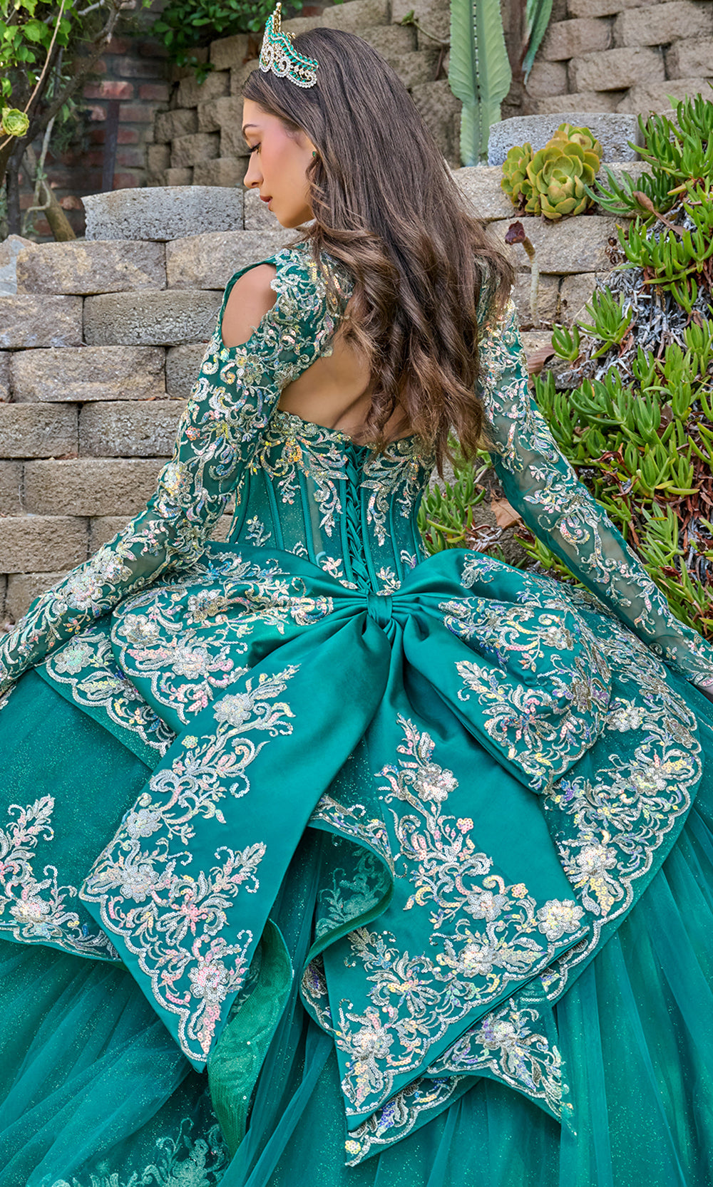 Elizabeth K GL3800 - Embroidered Satin Ballgown with Long Sleeve Bolero Quinceanera Dresses in Green