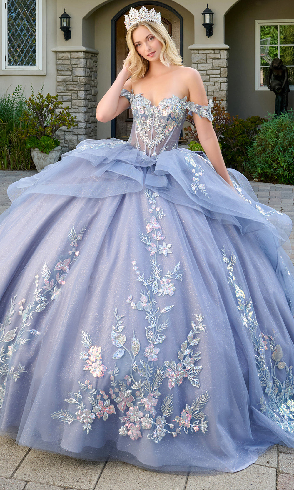 Elizabeth K GL3802 - Ruffled Overskirt Embroidered Quinceanera Gown Quinceanera Dresses in Blue