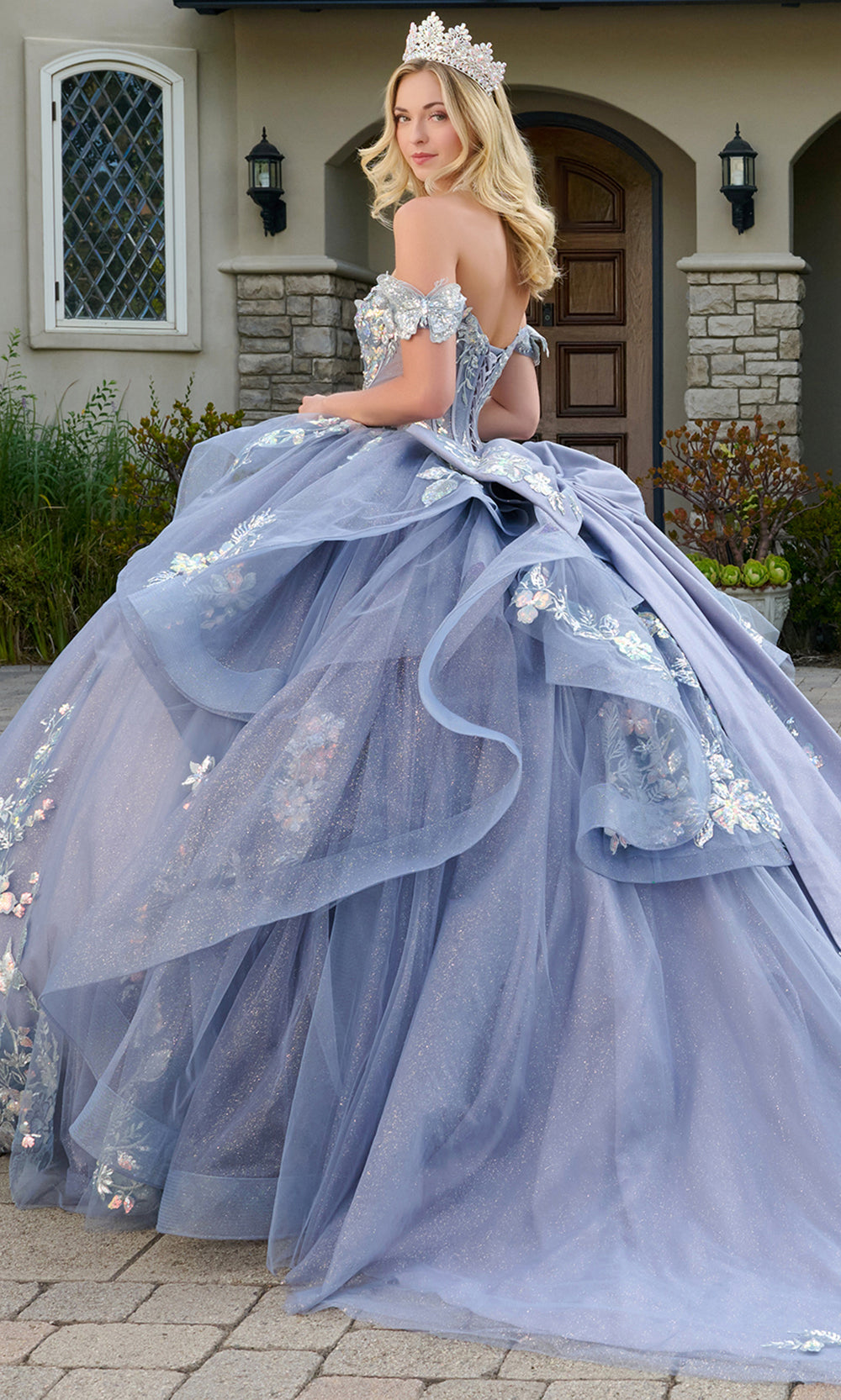Elizabeth K GL3802 - Ruffled Overskirt Embroidered Quinceanera Gown Quinceanera Dresses in Blue