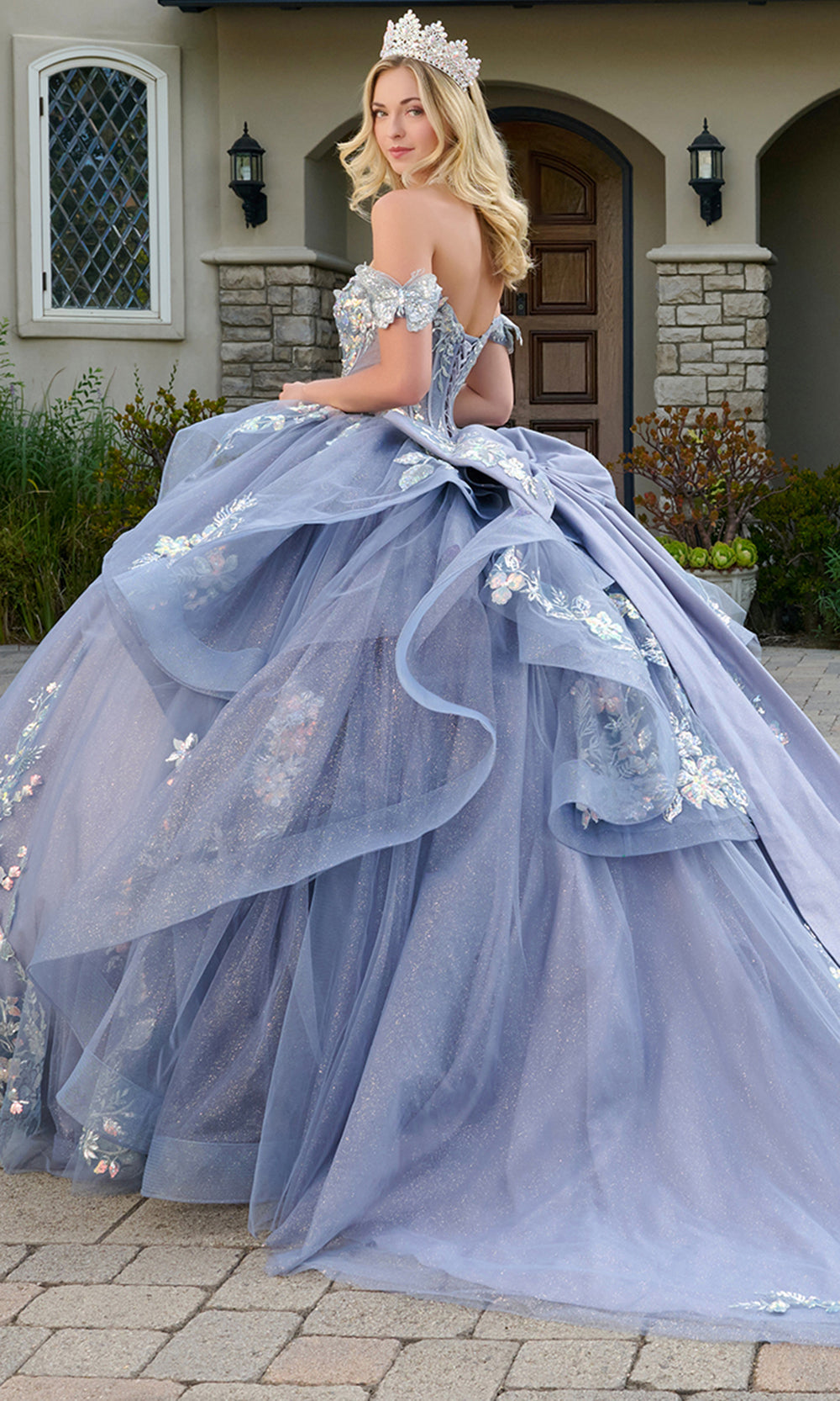Elizabeth K GL3802 - Ruffled Overskirt Embroidered Quinceanera Gown Quinceanera Dresses in Blue
