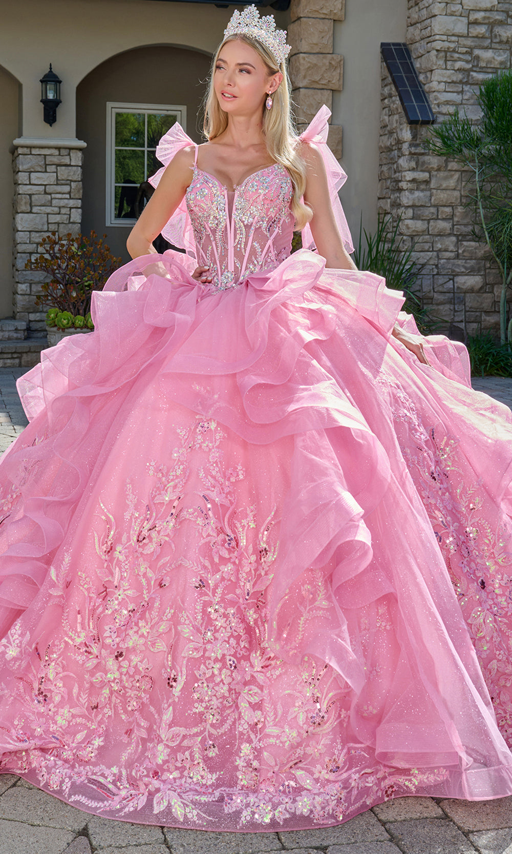 Elizabeth K GL3804 - Cascading Ruffle V-Neck Quinceanera Gown Quinceanera Dresses in Pink