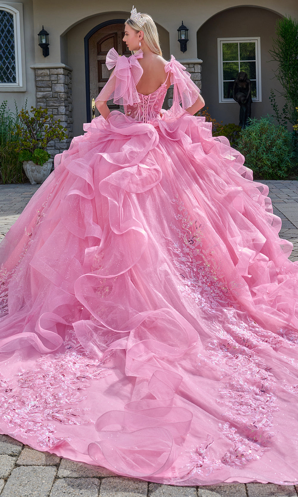 Elizabeth K GL3804 - Cascading Ruffle V-Neck Quinceanera Gown Quinceanera Dresses in Pink