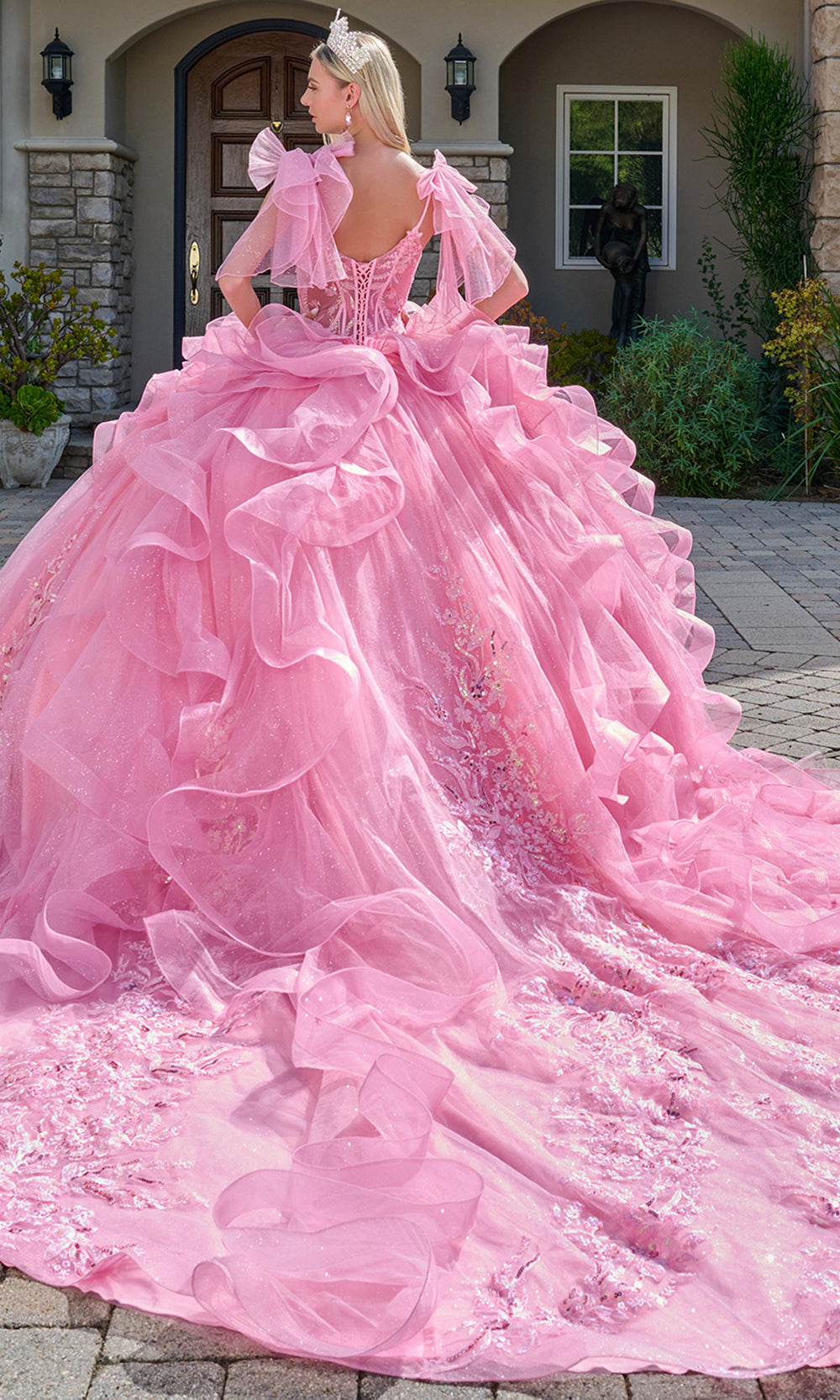Elizabeth K GL3804 - Cascading Ruffle V-Neck Quinceanera Gown Quinceanera Dresses in Pink