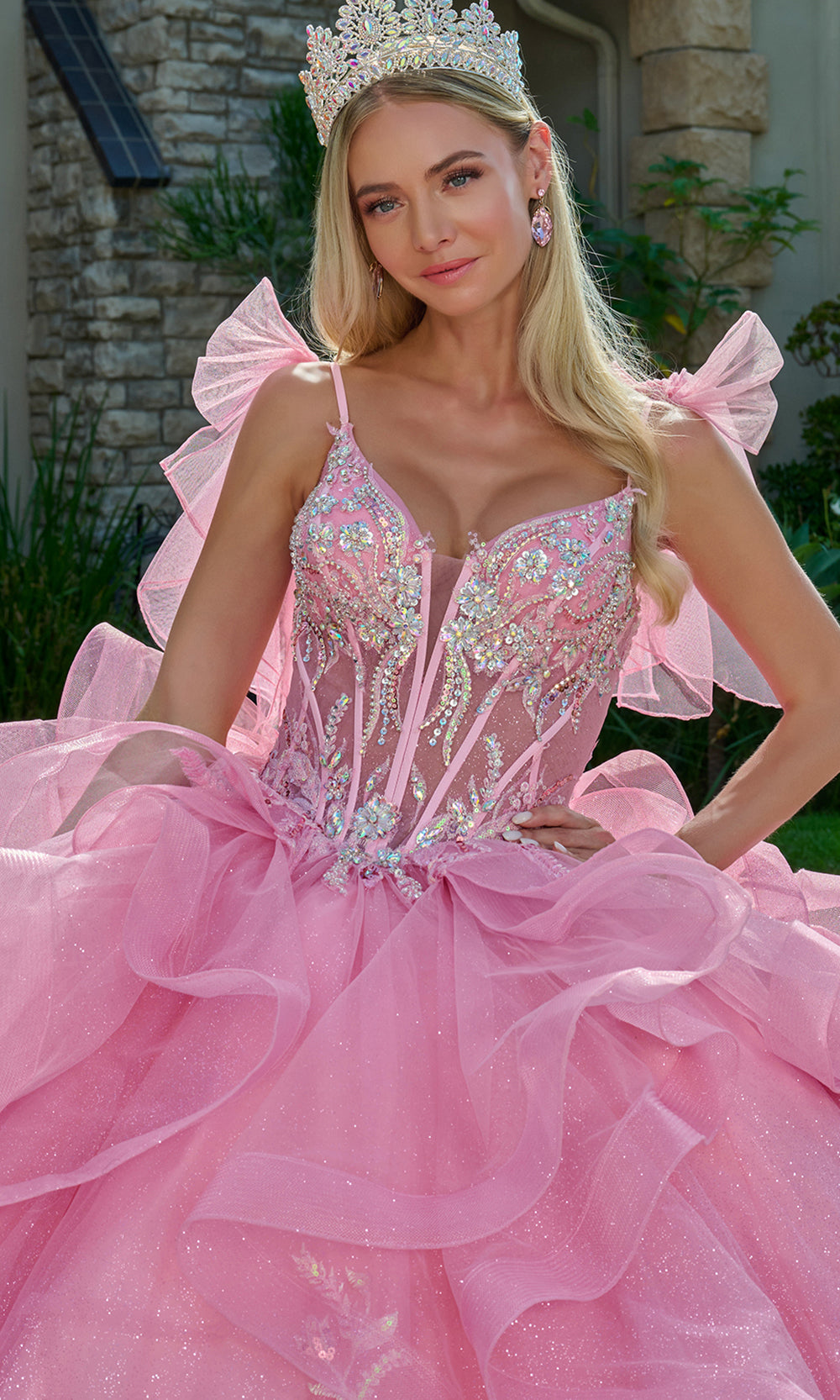 Elizabeth K GL3804 - Cascading Ruffle V-Neck Quinceanera Gown Quinceanera Dresses in Pink