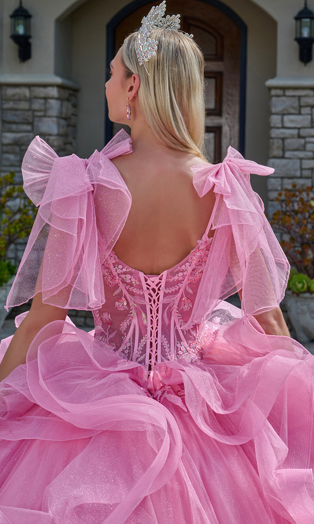 Elizabeth K GL3804 - Cascading Ruffle V-Neck Quinceanera Gown Quinceanera Dresses in Pink
