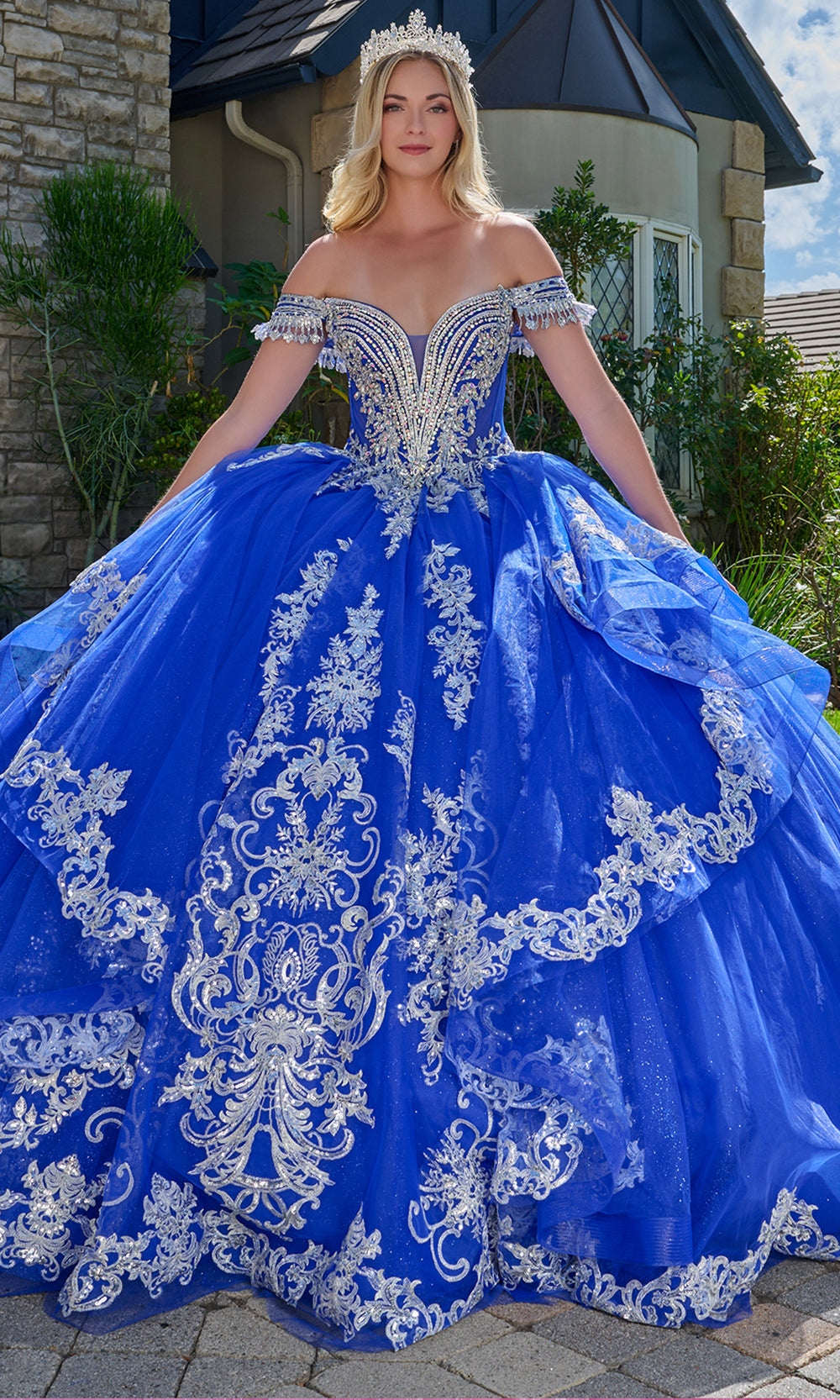 Elizabeth K GL3805 - Illusion Off Shoulder Ruffle Ballgown Quinceanera Dresses in Blue