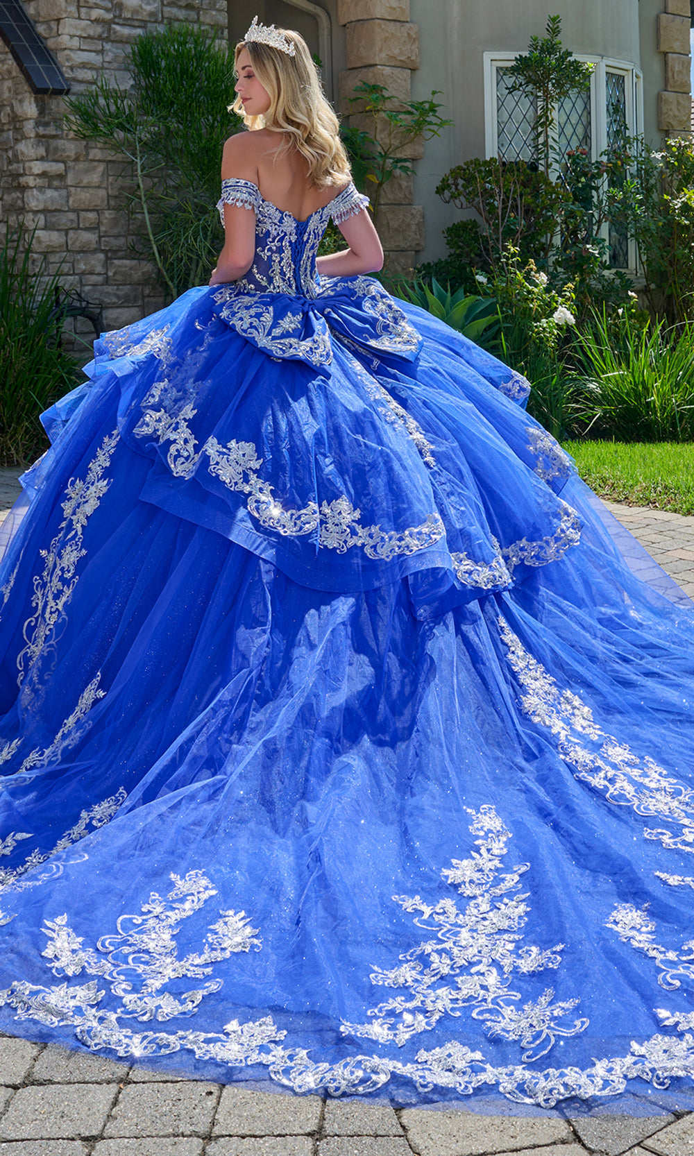 Elizabeth K GL3805 - Illusion Off Shoulder Ruffle Ballgown Quinceanera Dresses in Blue