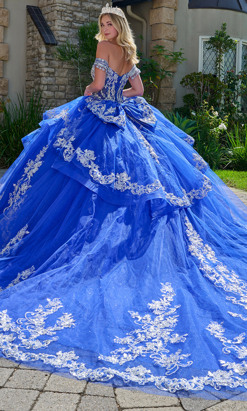 Elizabeth K GL3805 - Illusion Off Shoulder Ruffle Ballgown Quinceanera Dresses in Blue