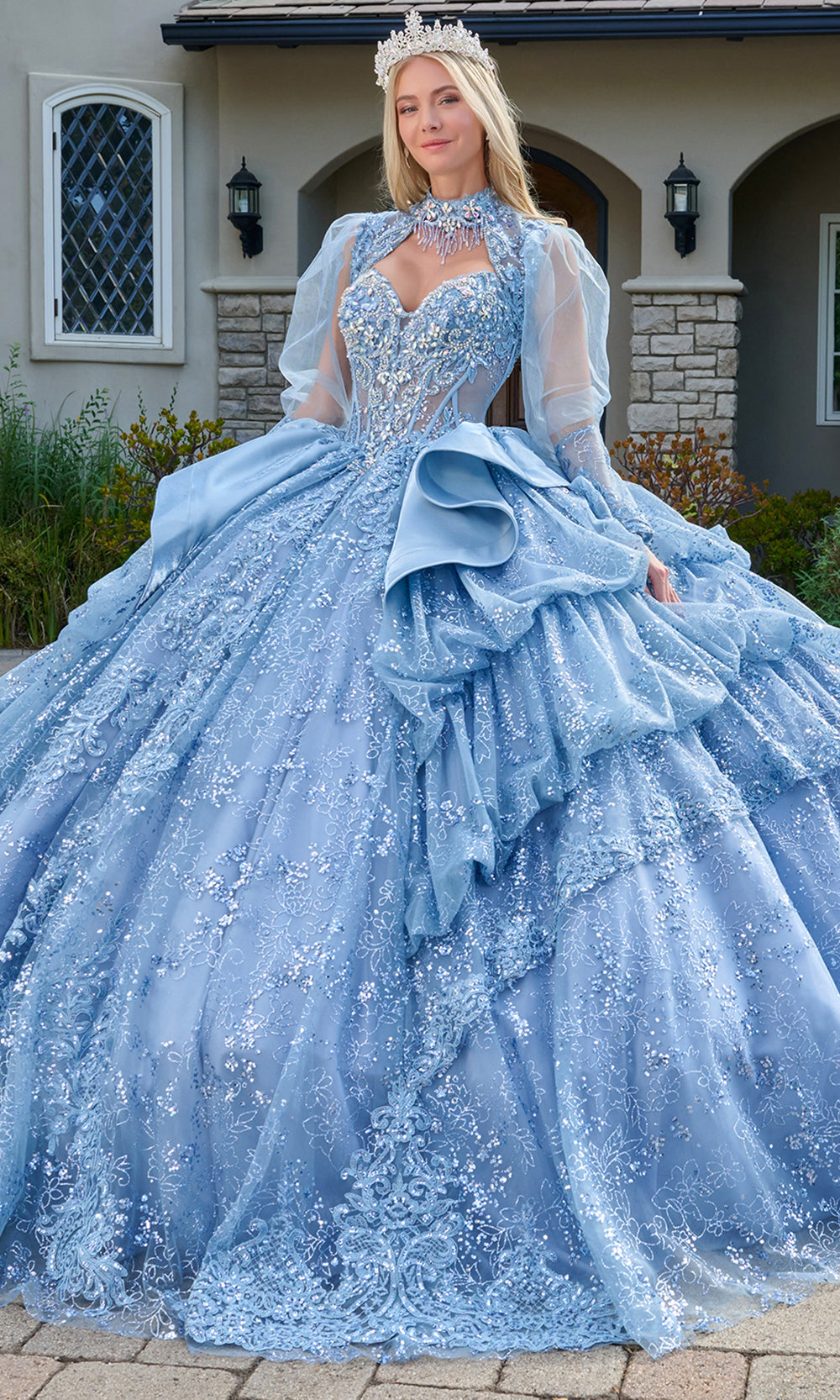 Elizabeth K GL3806 - Bubble Tiered Skirt Embellished Gown Quinceanera Dresses in Blue