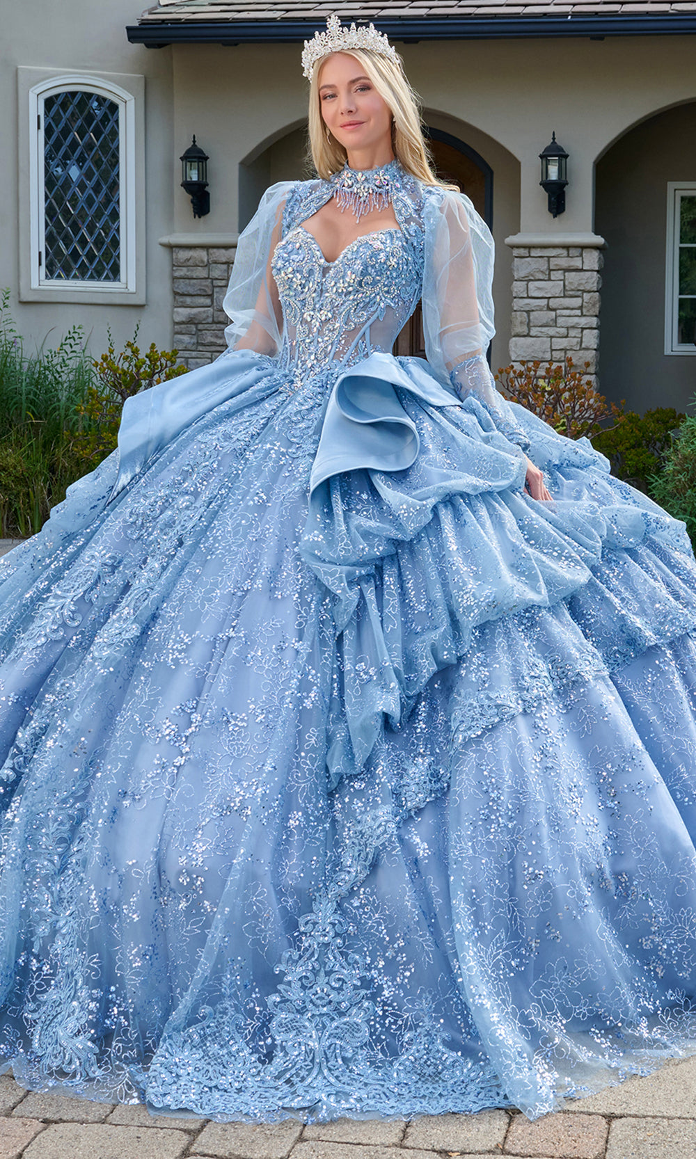 Elizabeth K GL3806 - Bubble Tiered Skirt Embellished Gown Quinceanera Dresses in Blue