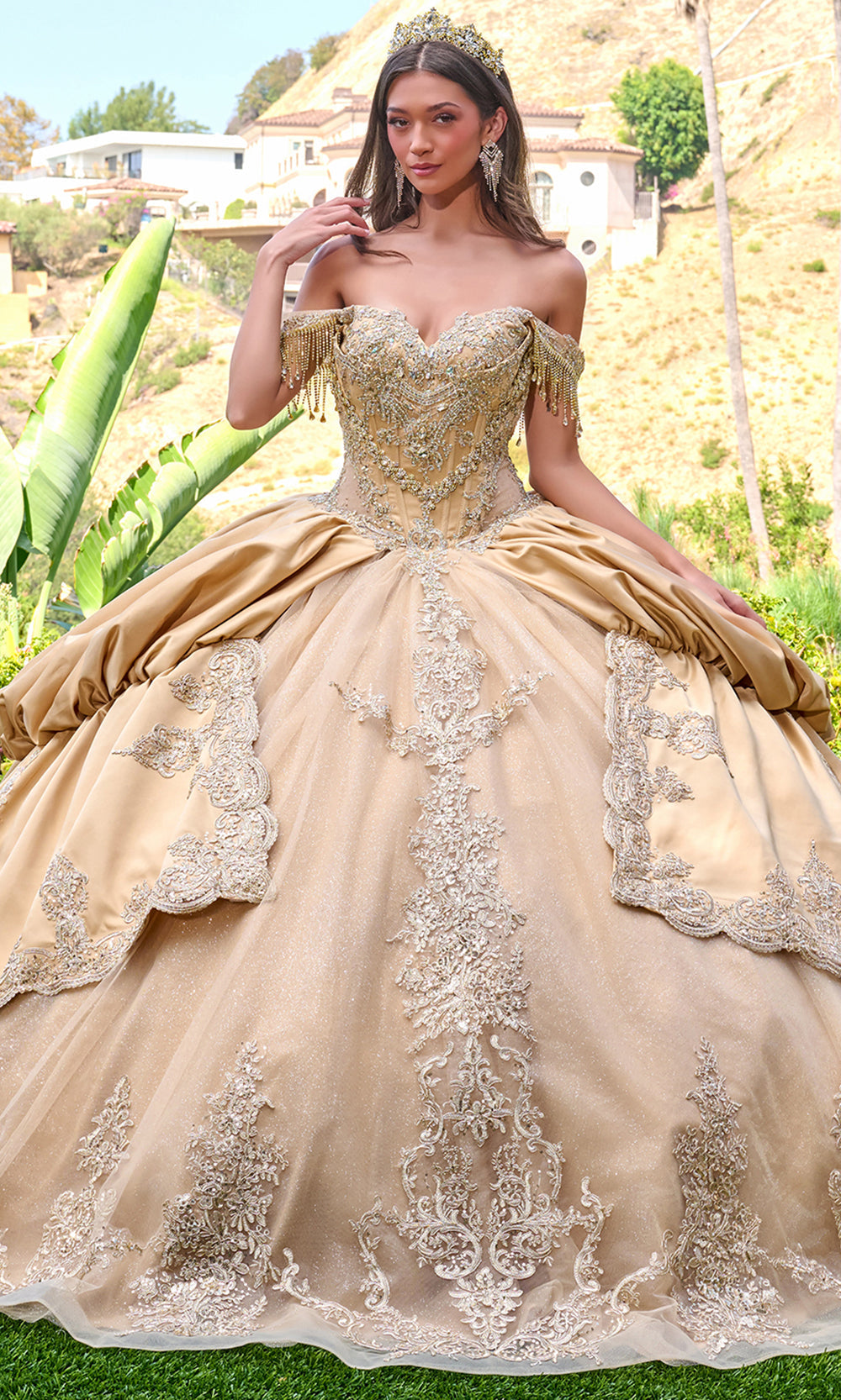 Elizabeth K GL3810 - Fringe Sleeve Embroidered Satin Ballgown Quinceanera Dresses in Gold