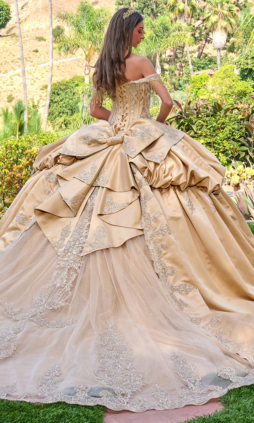 Elizabeth K GL3810 - Fringe Sleeve Embroidered Satin Ballgown Quinceanera Dresses in Gold