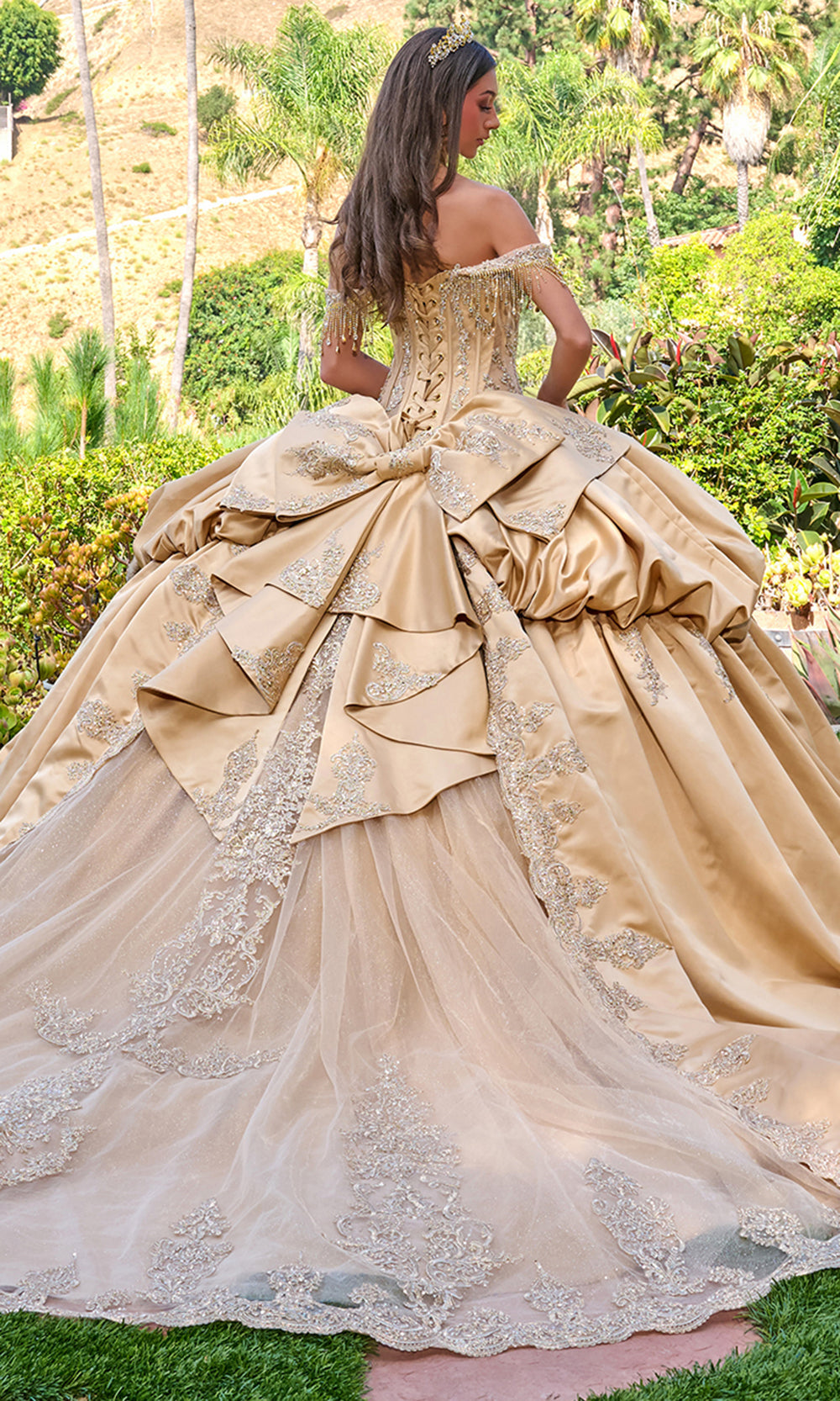 Elizabeth K GL3810 - Fringe Sleeve Embroidered Satin Ballgown Quinceanera Dresses in Gold