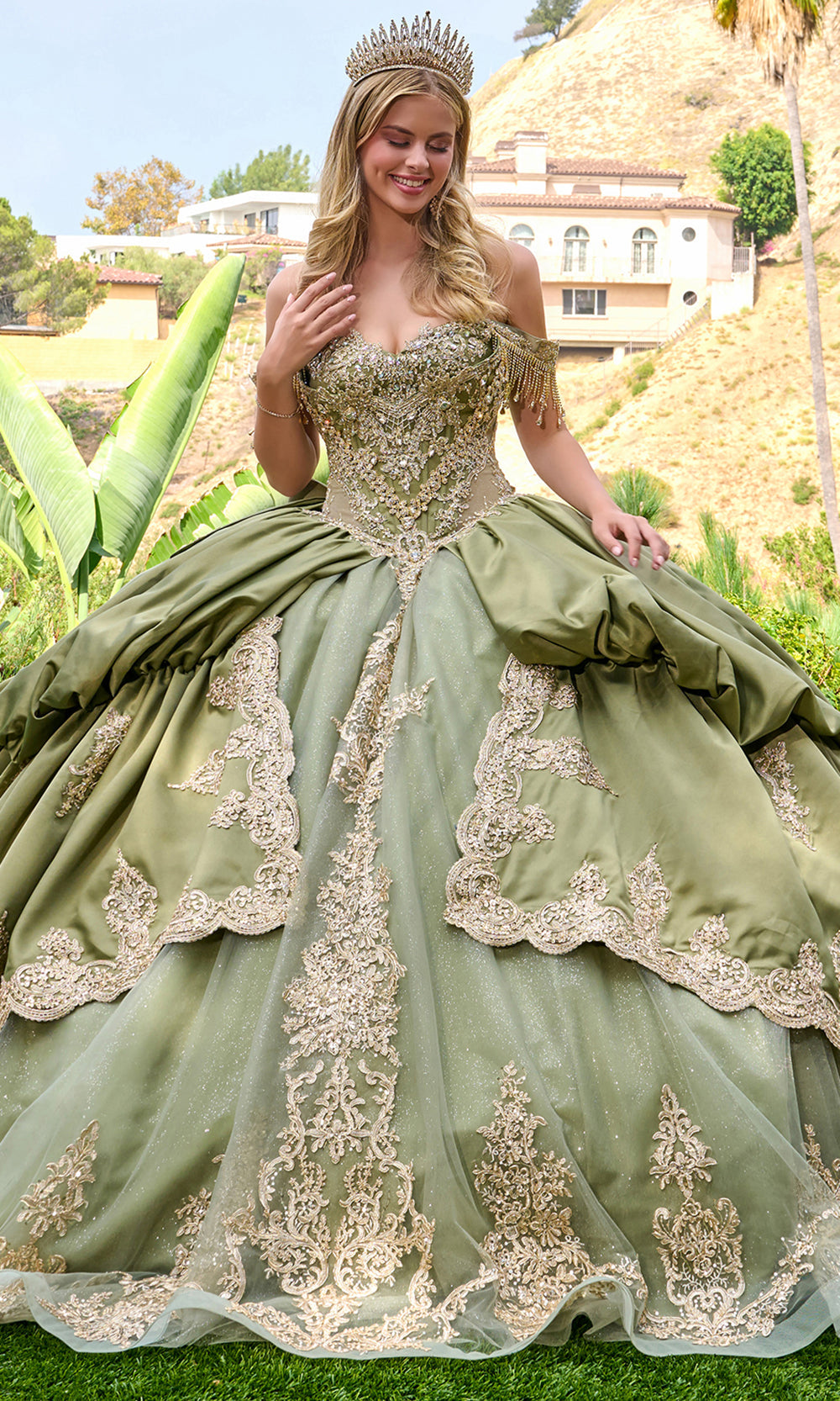 Elizabeth K GL3810 - Fringe Sleeve Embroidered Satin Ballgown Quinceanera Dresses in Green