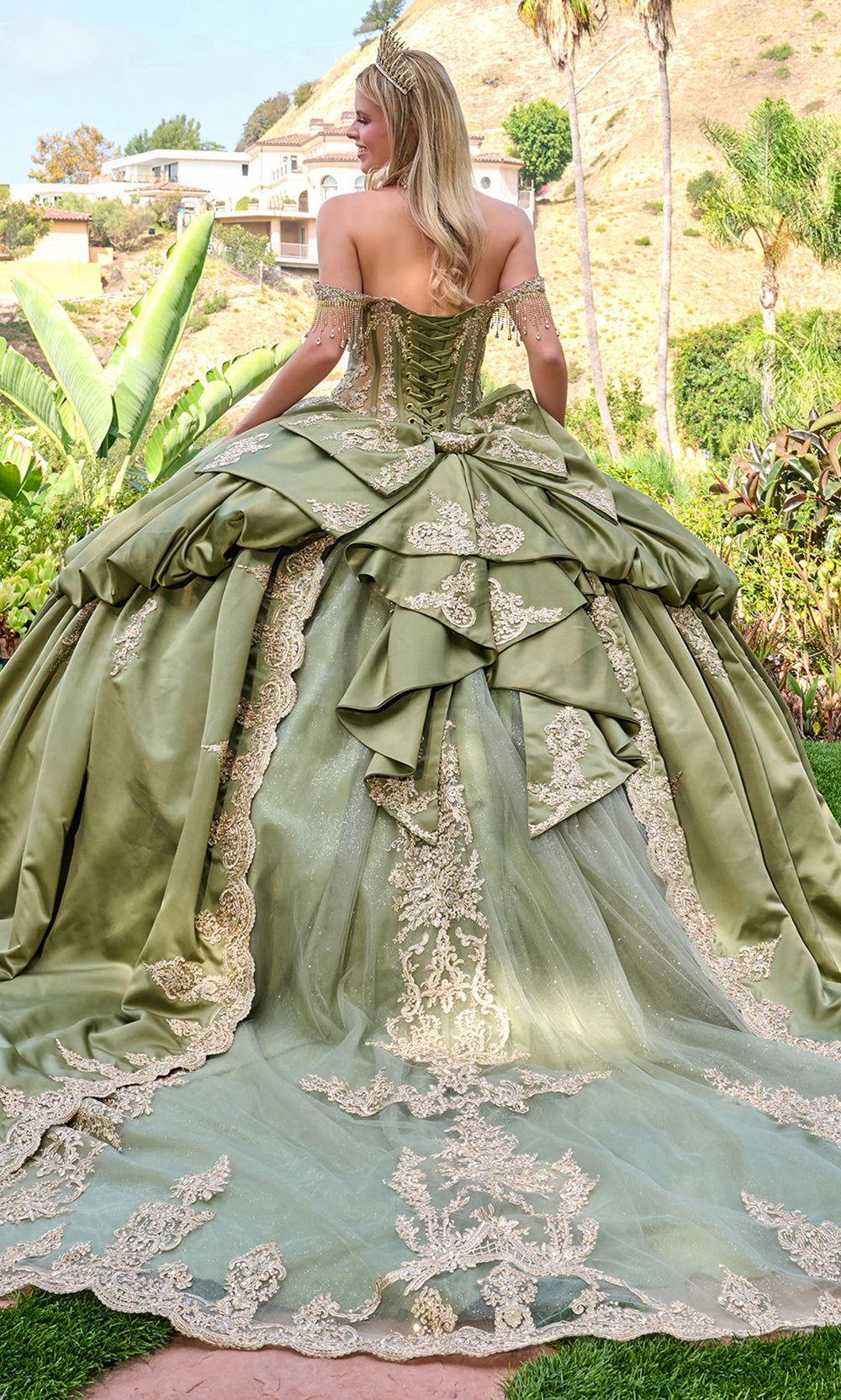 Elizabeth K GL3810 - Fringe Sleeve Embroidered Satin Ballgown Quinceanera Dresses in Green